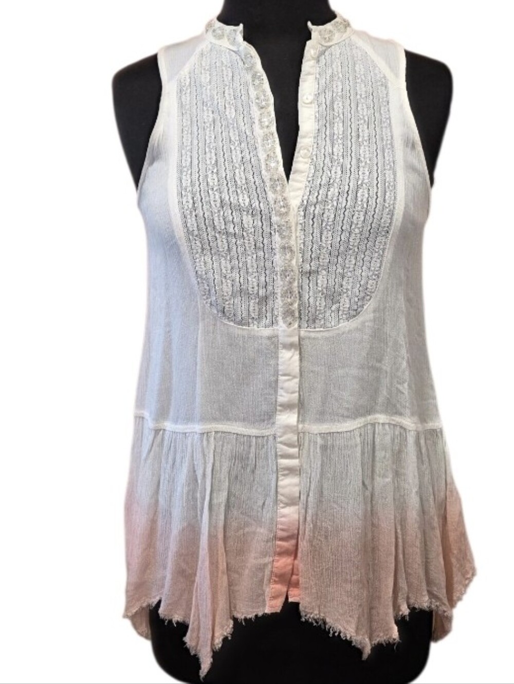 Free People Y2K Ombre White to Blush Dip-Dye Sleeveless Peasant Tank Beaded Boho